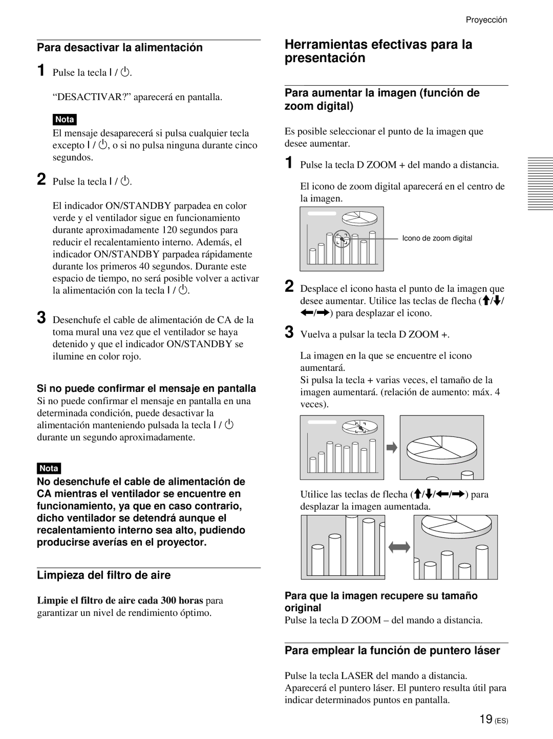 Sony VPL-PX21 Herramientas efectivas para la presentació n, Para desactivar la alimentació n, Limpieza del filtro de aire 