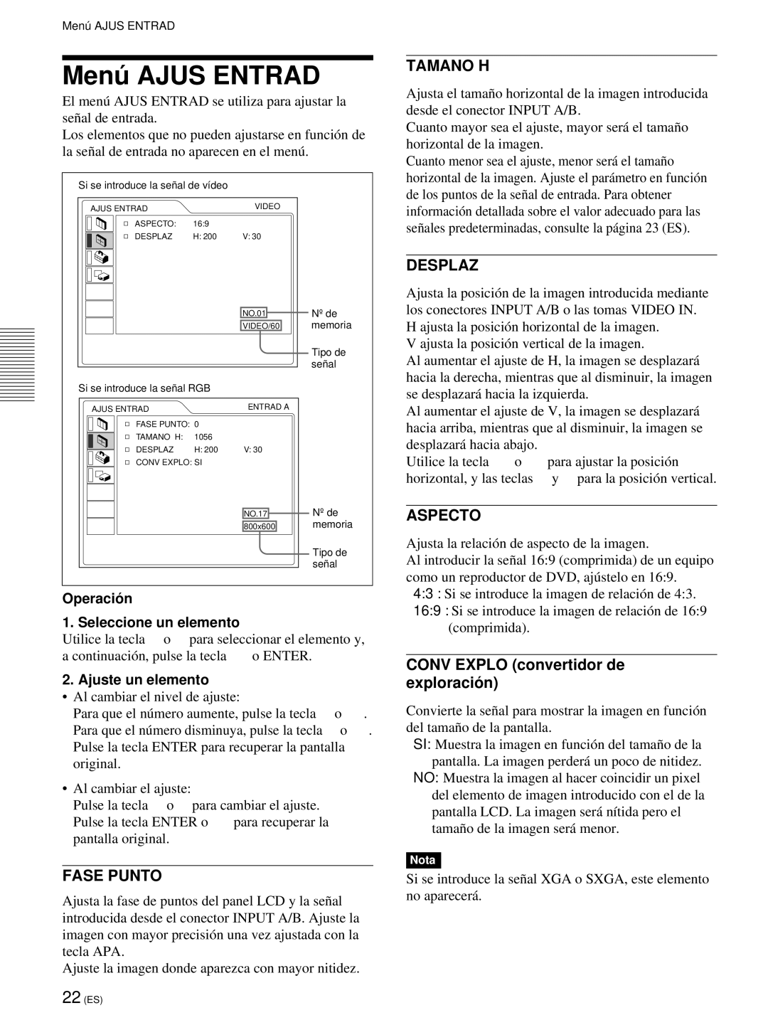 Sony VPL-PX21 operating instructions Menú Ajus Entrad, Fase Punto, Tamano H, Desplaz, Aspecto 