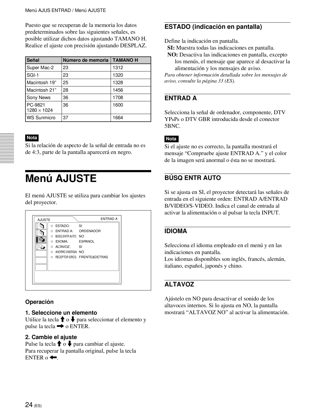 Sony VPL-PX21 operating instructions Menú Ajuste, Entrad a, BÚ SQ Entr Auto, Idioma, Altavoz 