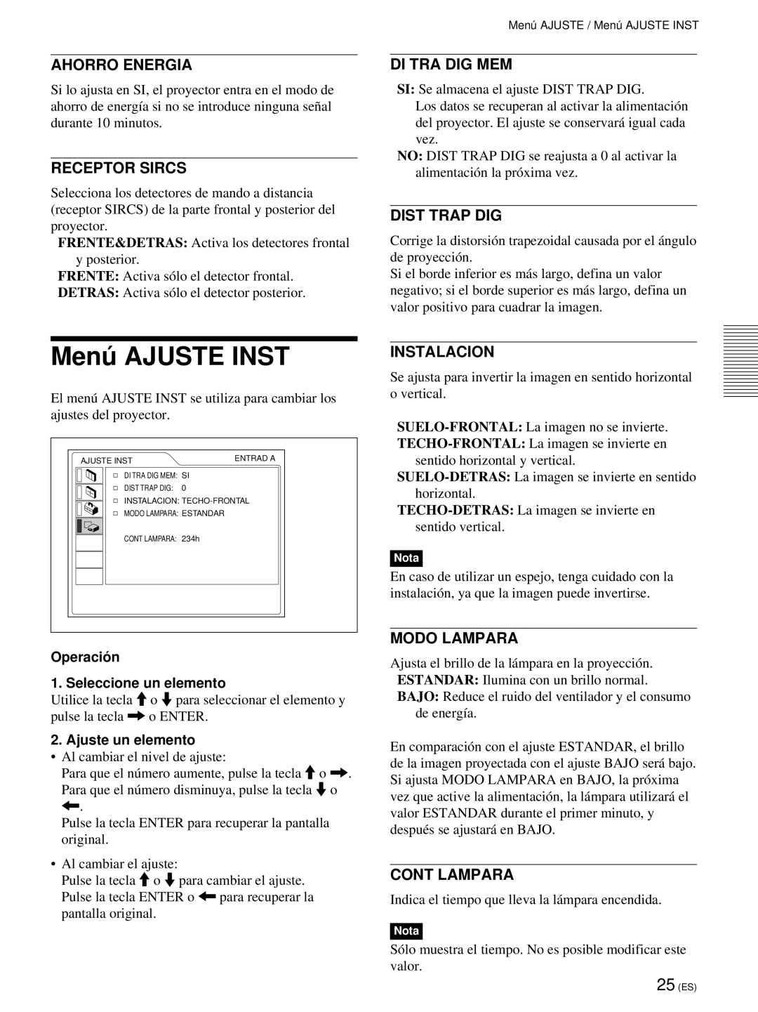 Sony VPL-PX21 operating instructions Menú Ajuste Inst 