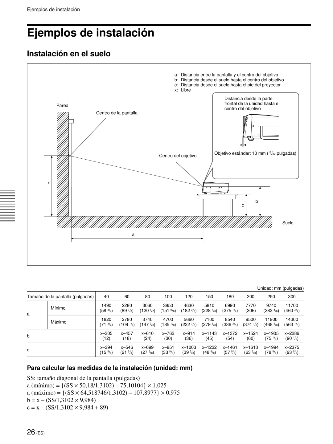 Sony VPL-PX21 Ejemplos de instalació n, Instalació n en el suelo, Para calcular las medidas de la instalació n unidad mm 