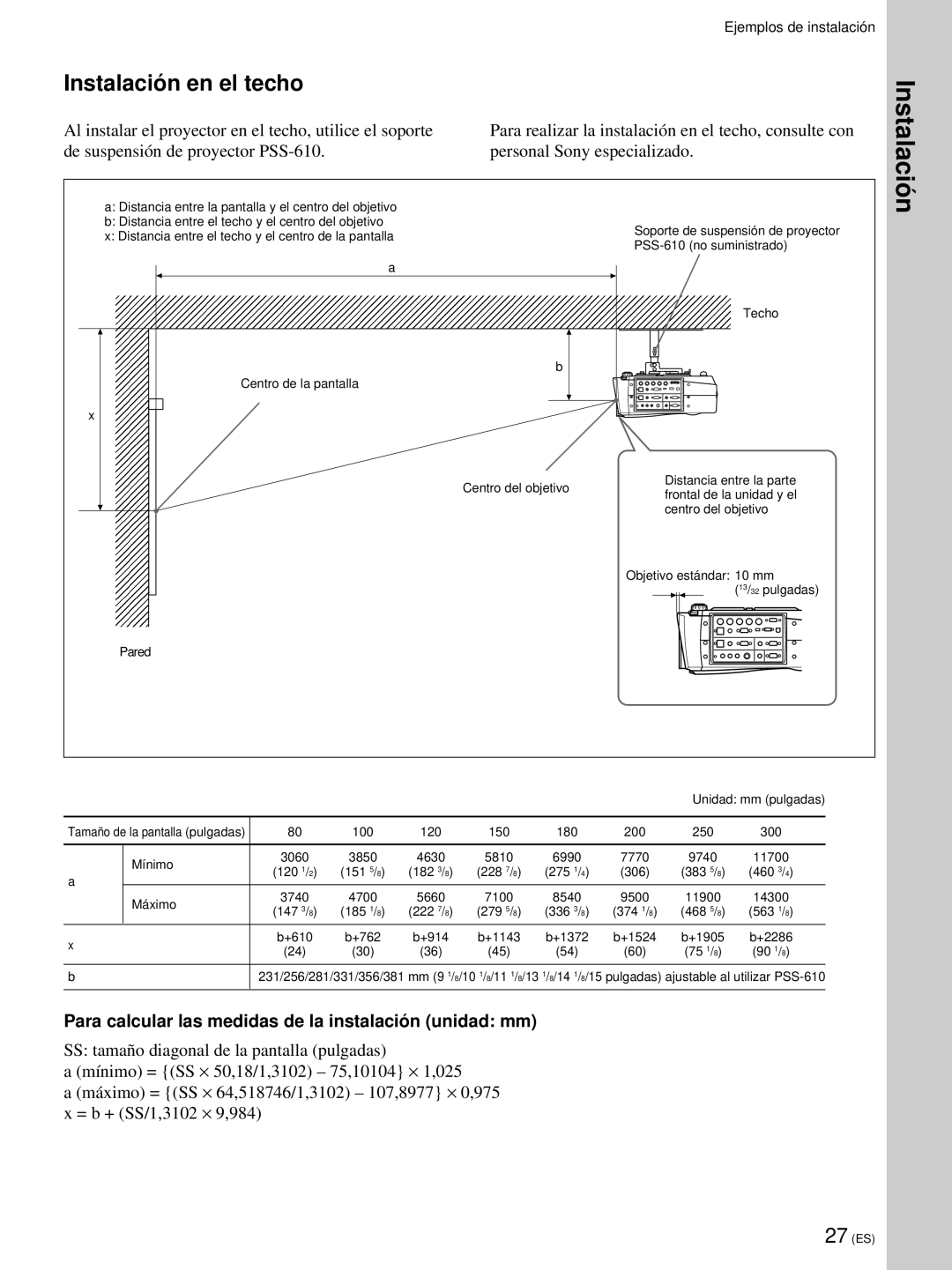 Sony VPL-PX21 operating instructions Instalació n en el techo 