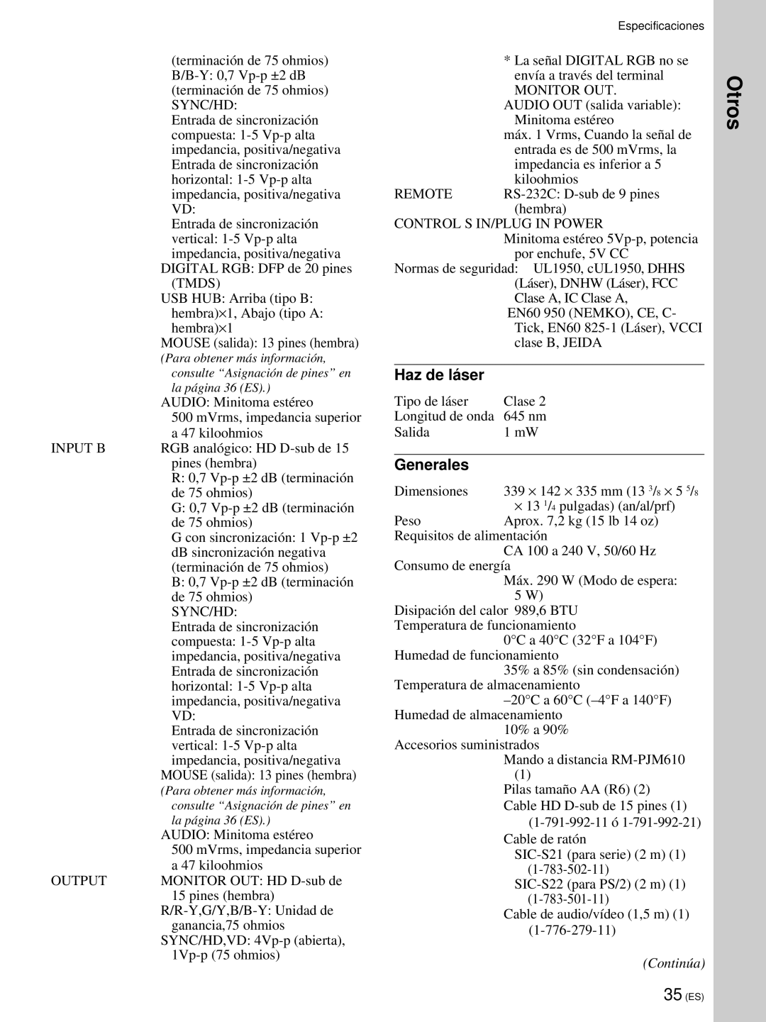 Sony VPL-PX21 operating instructions Haz de lá ser, Generales 