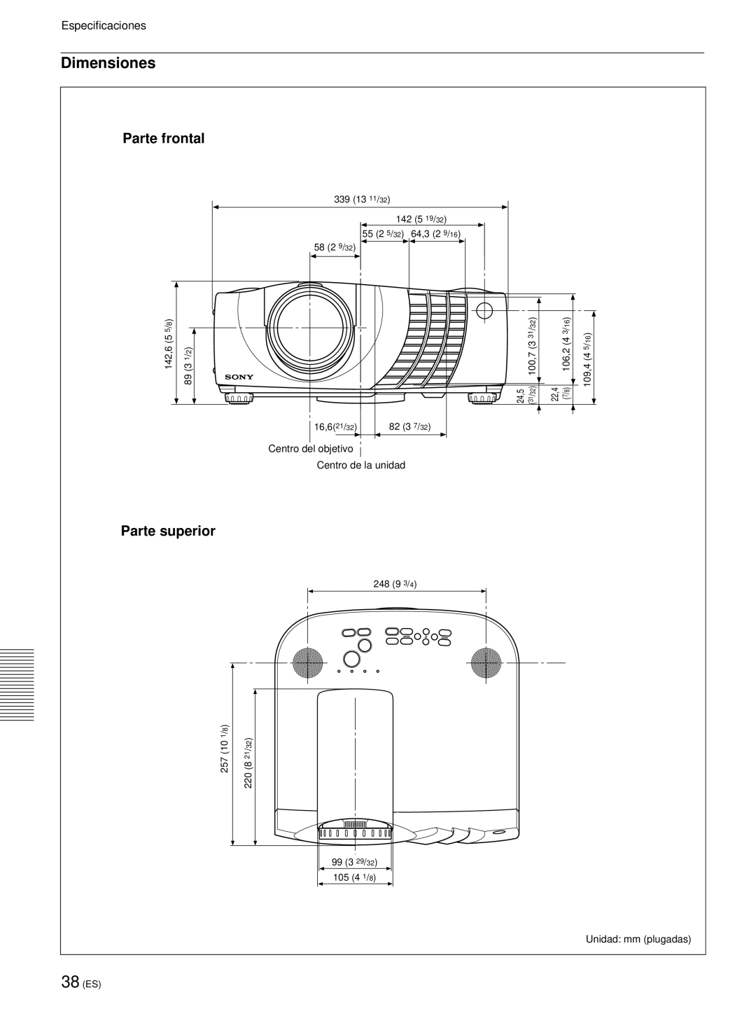 Sony VPL-PX21 operating instructions Dimensiones, Parte frontal, Parte superior, Centro de la unidad, Unidad mm plugadas 