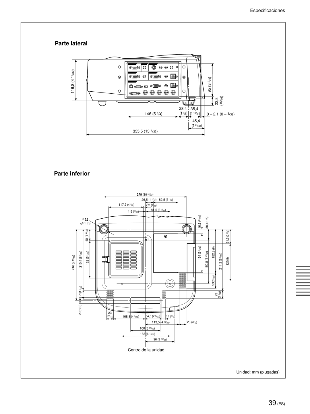 Sony VPL-PX21 operating instructions Parte lateral, Parte inferior, Centro de la unidad Unidad mm plugadas 