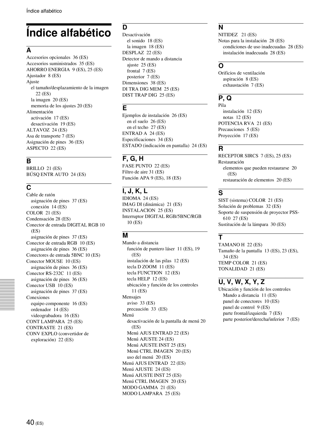 Sony VPL-PX21 operating instructions Índice alfabé tico, K, L, W, X, Y, Z 