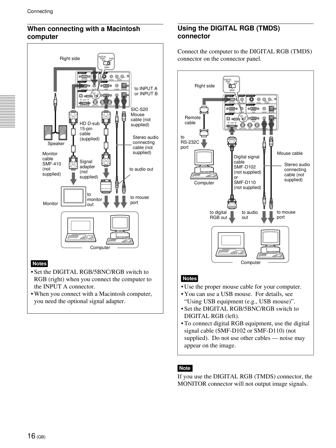 Sony VPL-PX21 operating instructions When connecting with a Macintosh computer, Using the Digital RGB Tmds connector 