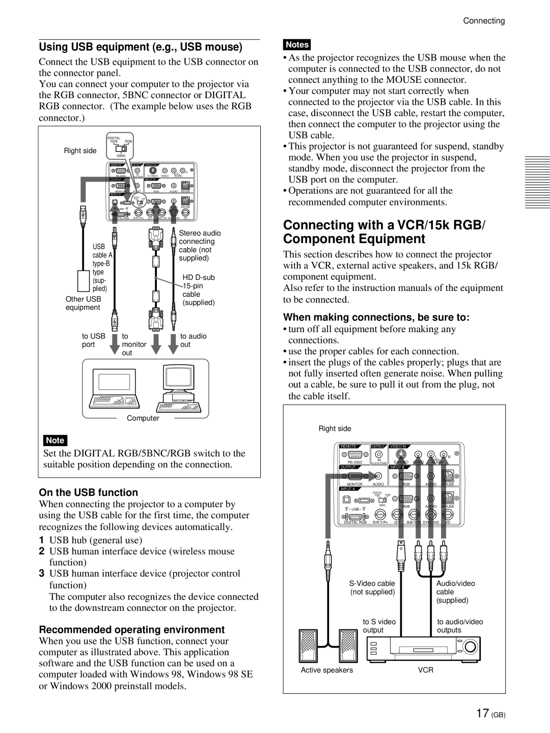 Sony VPL-PX21 Connecting with a VCR/15k RGB/ Component Equipment, Using USB equipment e.g., USB mouse, On the USB function 