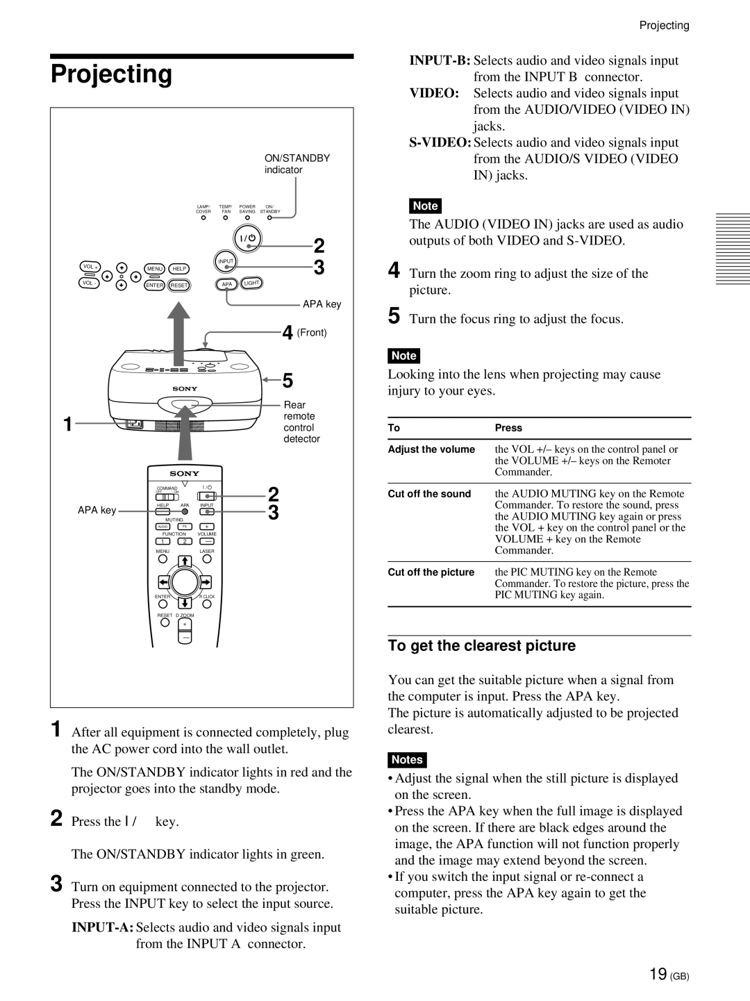 Sony VPL-PX21 operating instructions Projecting, To get the clearest picture 