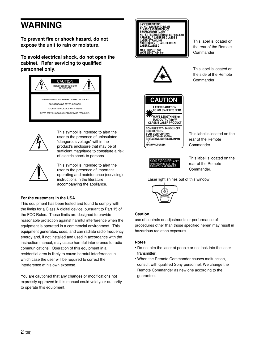 Sony VPL-PX21 operating instructions For the customers in the USA, Class II Laser Product 