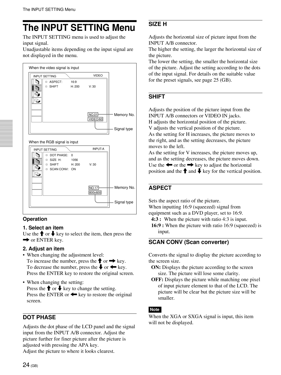 Sony VPL-PX21 operating instructions Input Setting Menu, Size H, Shift, DOT Phase, Aspect 