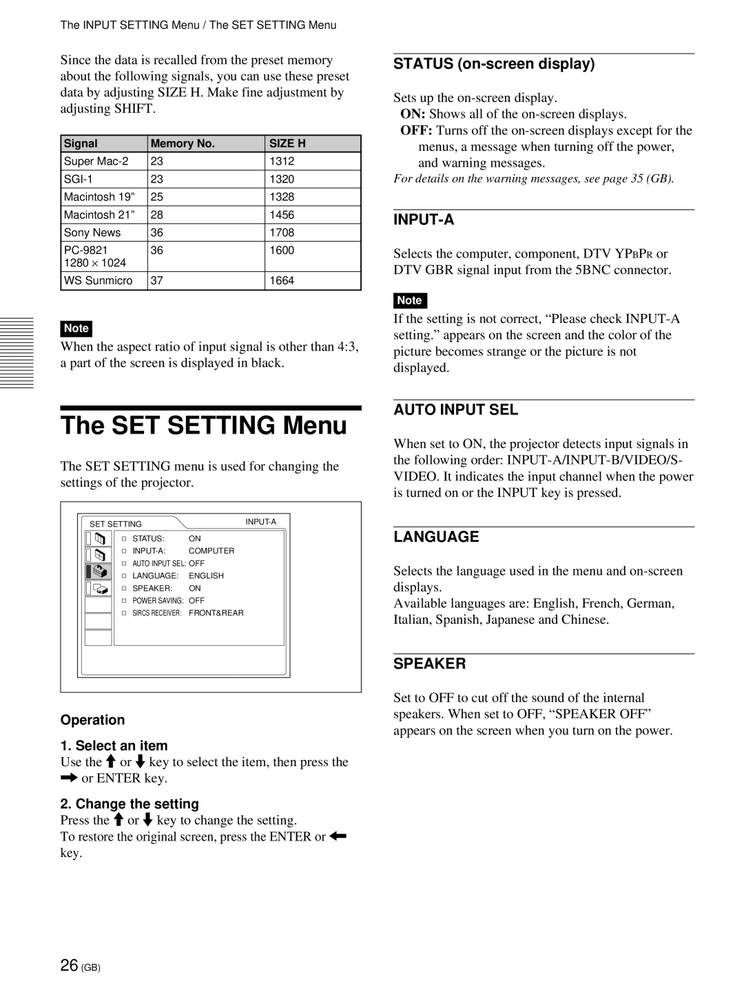 Sony VPL-PX21 operating instructions SET Setting Menu, Input-A, Auto Input SEL, Language, Speaker 