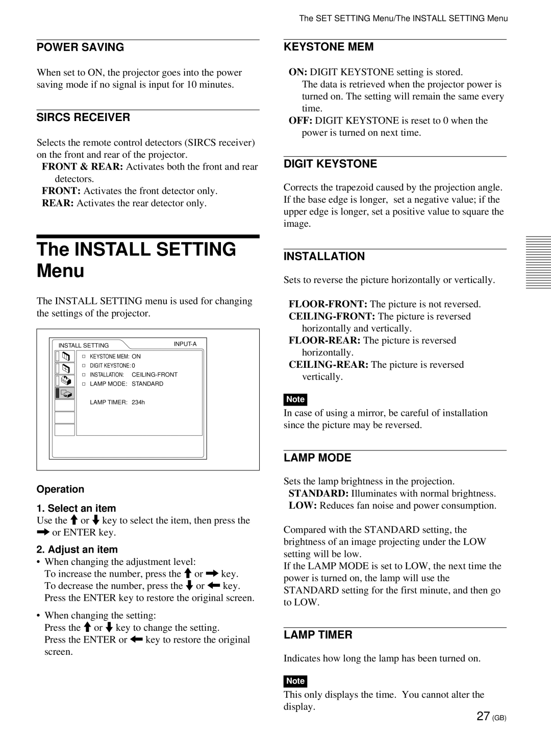 Sony VPL-PX21 operating instructions Install Setting Menu 