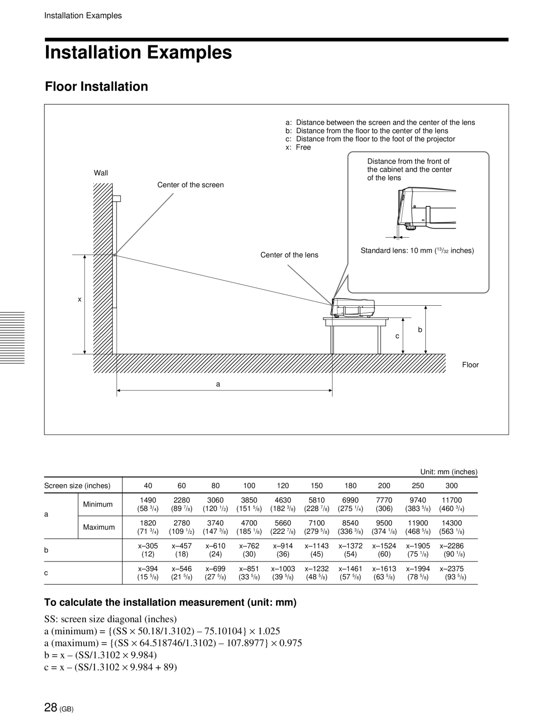 Sony VPL-PX21 Installation Examples, Floor Installation, To calculate the installation measurement unit mm 