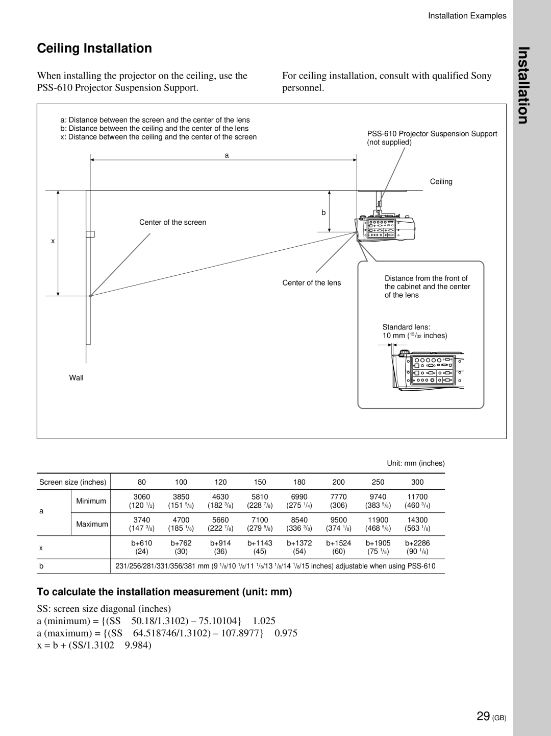 Sony VPL-PX21 operating instructions Ceiling Installation 