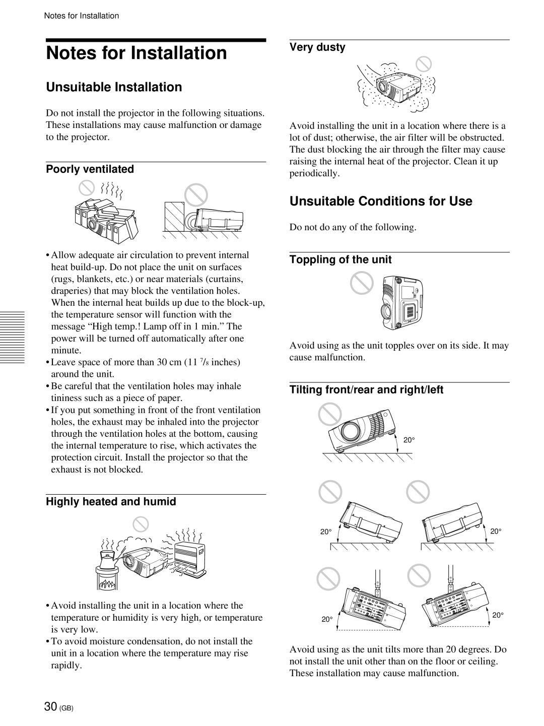 Sony VPL-PX21 Unsuitable Installation, Unsuitable Conditions for Use, Poorly ventilated Very dusty, Toppling of the unit 