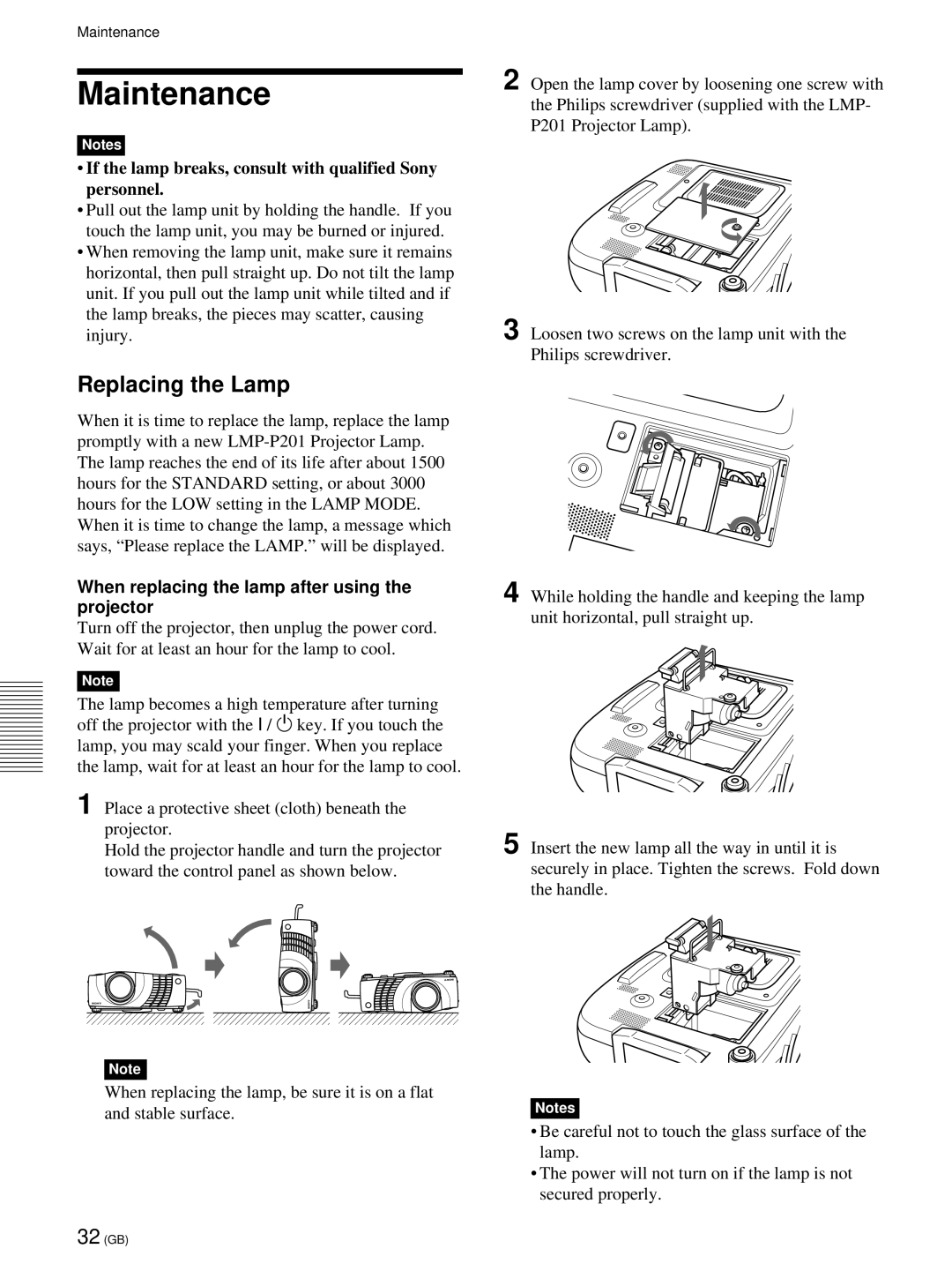 Sony VPL-PX21 Maintenance, Replacing the Lamp, If the lamp breaks, consult with qualified Sony personnel 