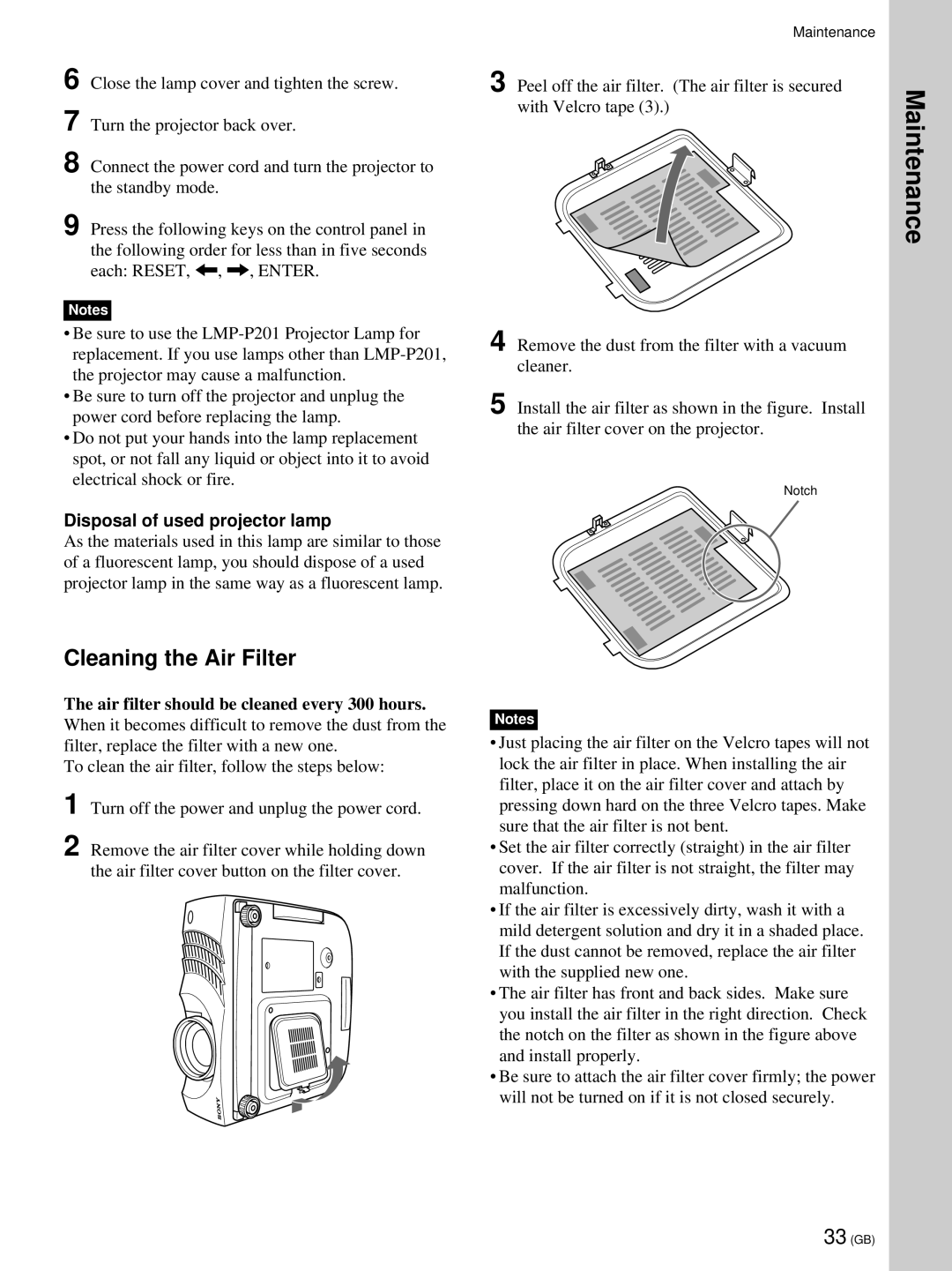 Sony VPL-PX21 Cleaning the Air Filter, Disposal of used projector lamp, Air filter should be cleaned every 300 hours 