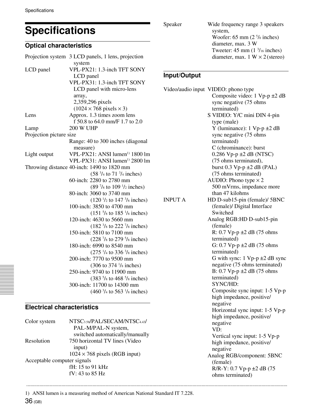 Sony VPL-PX21 operating instructions Specifications, Optical characteristics, Electrical characteristics, Input/Output 