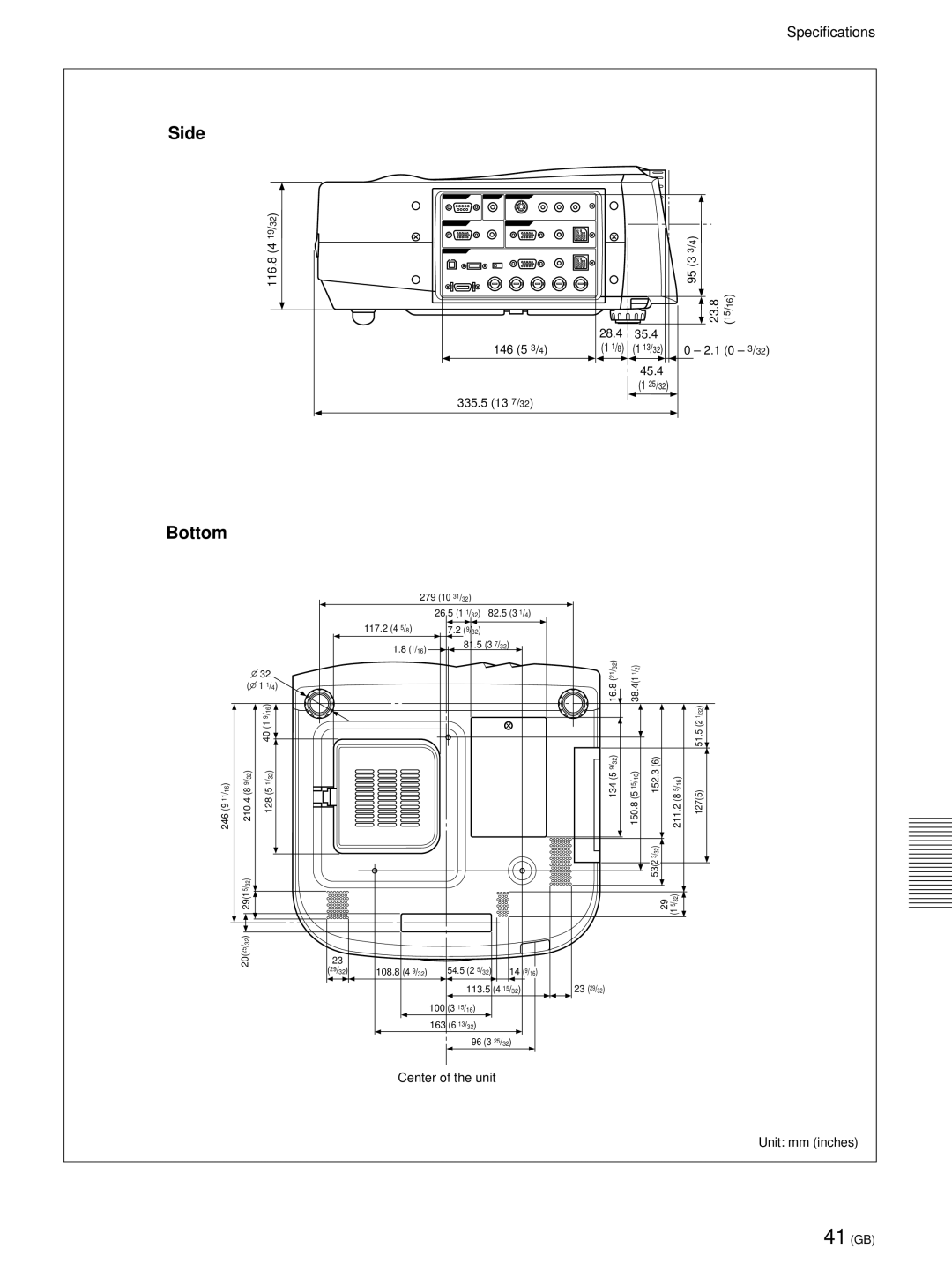 Sony VPL-PX21 operating instructions Side, Bottom, Center of the unit Unit mm inches 