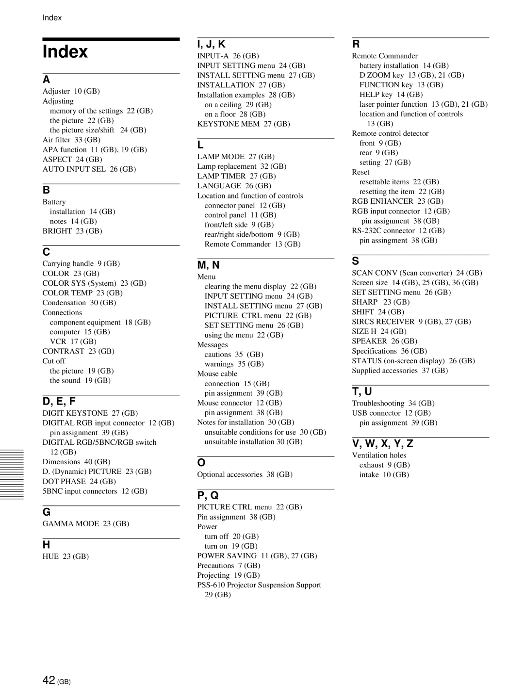 Sony VPL-PX21 operating instructions Index, X, Y, Z 