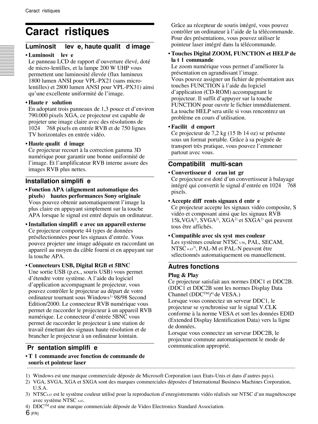 Sony VPL-PX21 operating instructions Caracté ristiques 