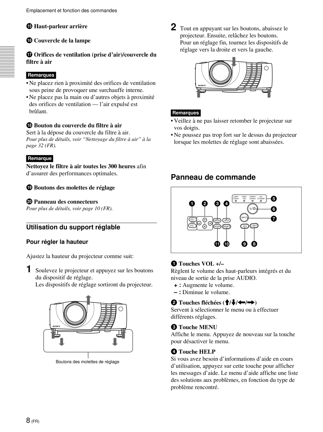 Sony VPL-PX21 operating instructions Panneau de commande, Utilisation du support ré glable, Pour ré gler la hauteur 