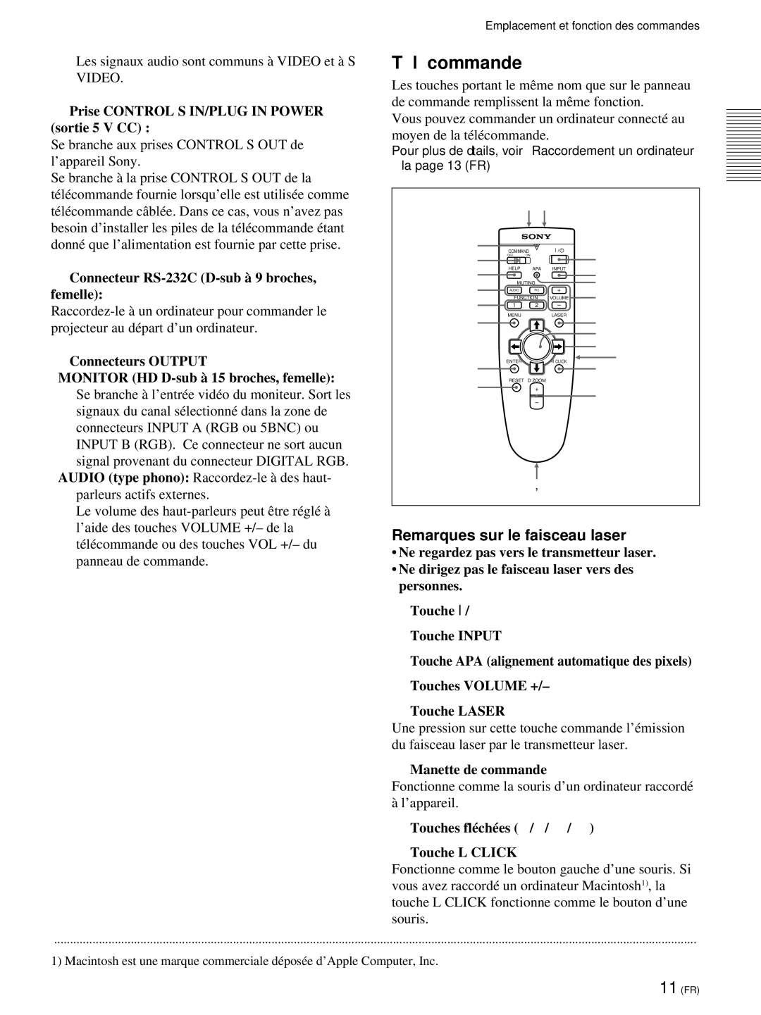 Sony VPL-PX21 operating instructions Té lé commande, Remarques sur le faisceau laser 