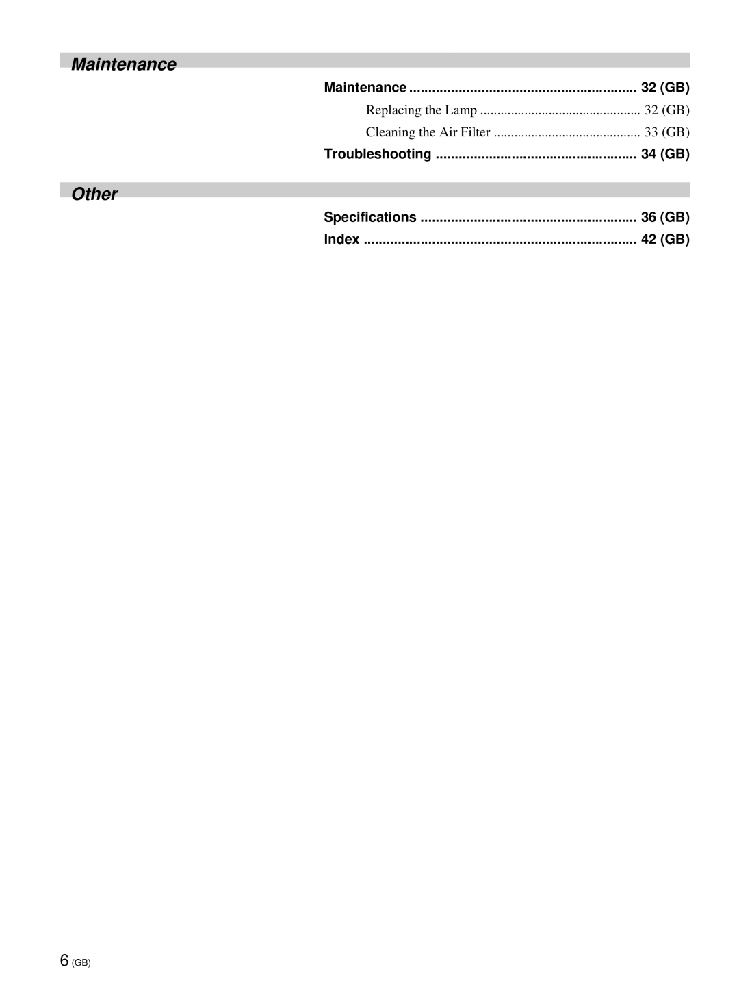 Sony VPL-PX21 operating instructions Maintenance, Troubleshooting, Specifications 36 GB Index 42 GB 