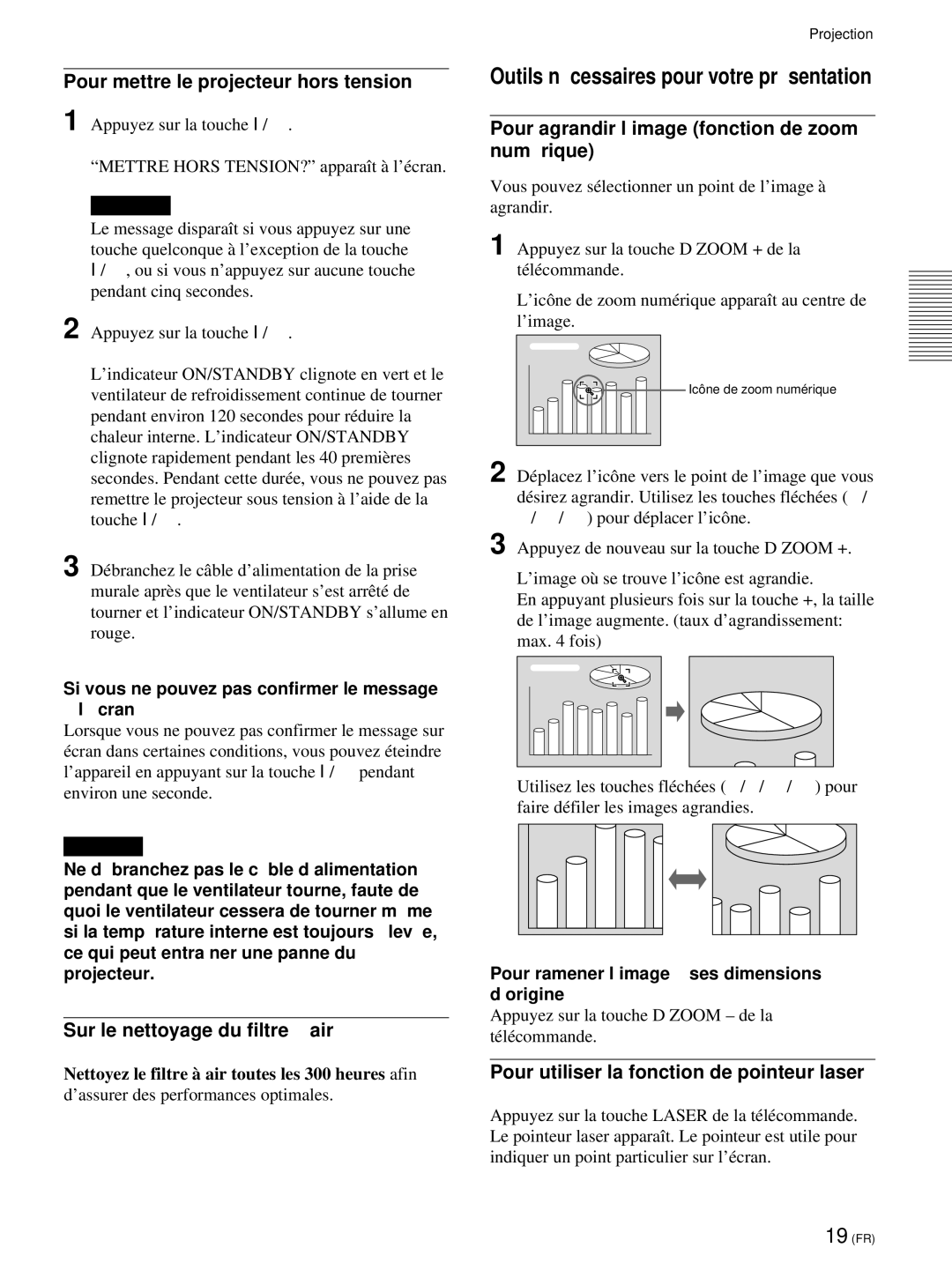 Sony VPL-PX21 operating instructions Pour mettre le projecteur hors tension, Sur le nettoyage du filtre à air 