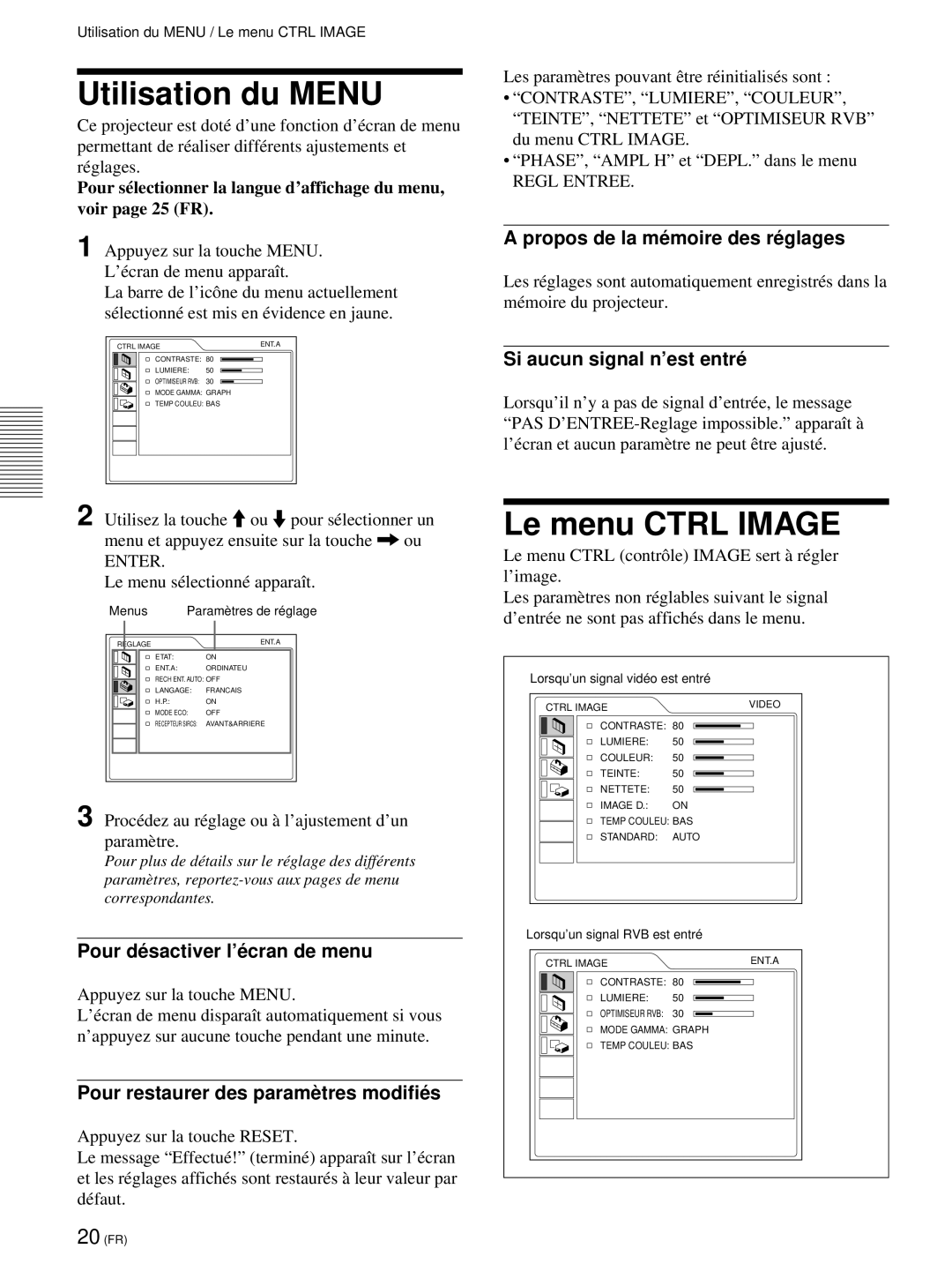 Sony VPL-PX21 operating instructions Utilisation du Menu, Le menu Ctrl Image 