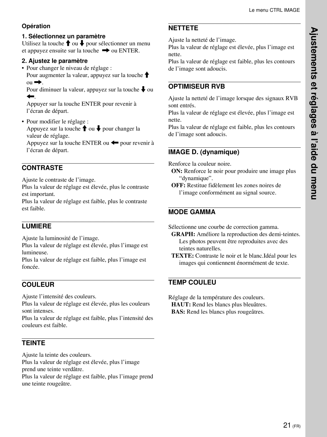 Sony VPL-PX21 operating instructions Contraste, Lumiere, Couleur, Teinte, Nettete, Optimiseur RVB, Mode Gamma, Temp Couleu 