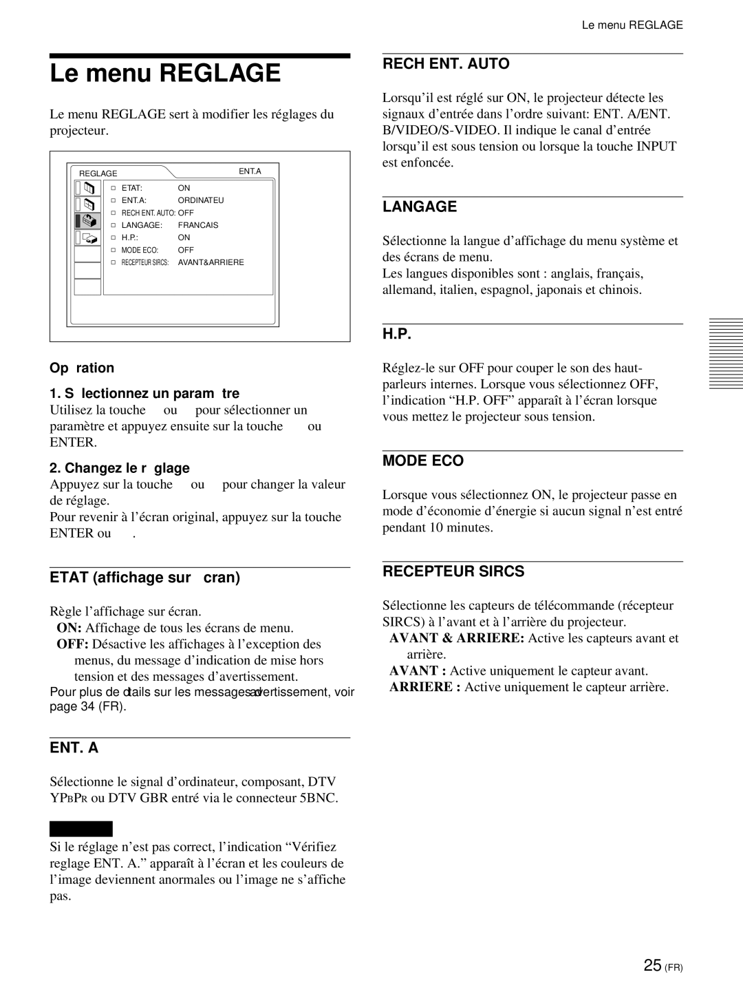 Sony VPL-PX21 operating instructions Le menu Reglage 