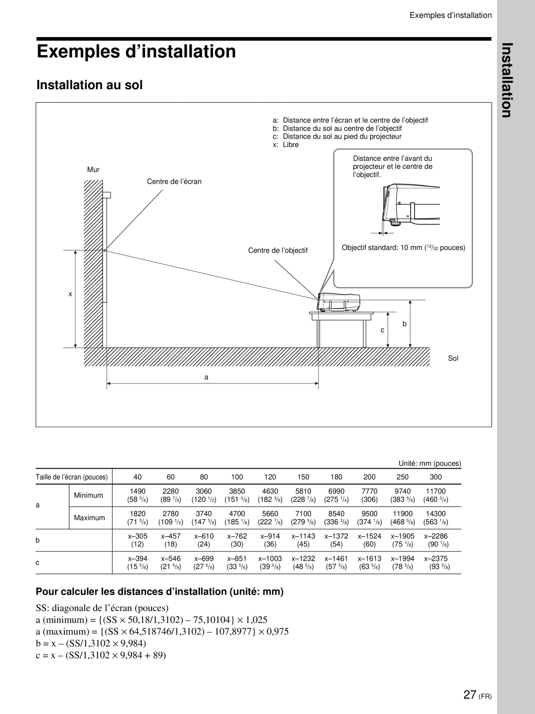 Sony VPL-PX21 Exemples d’installation, Installation au sol, Pour calculer les distances d’installation unité mm 