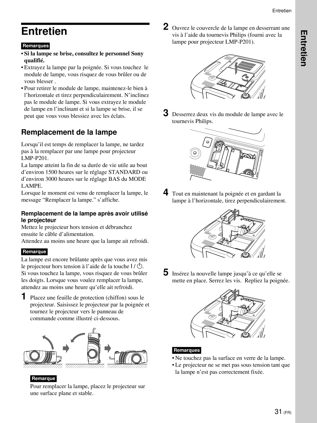 Sony VPL-PX21 Entretien, Remplacement de la lampe, Si la lampe se brise, consultez le personnel Sony qualifié 