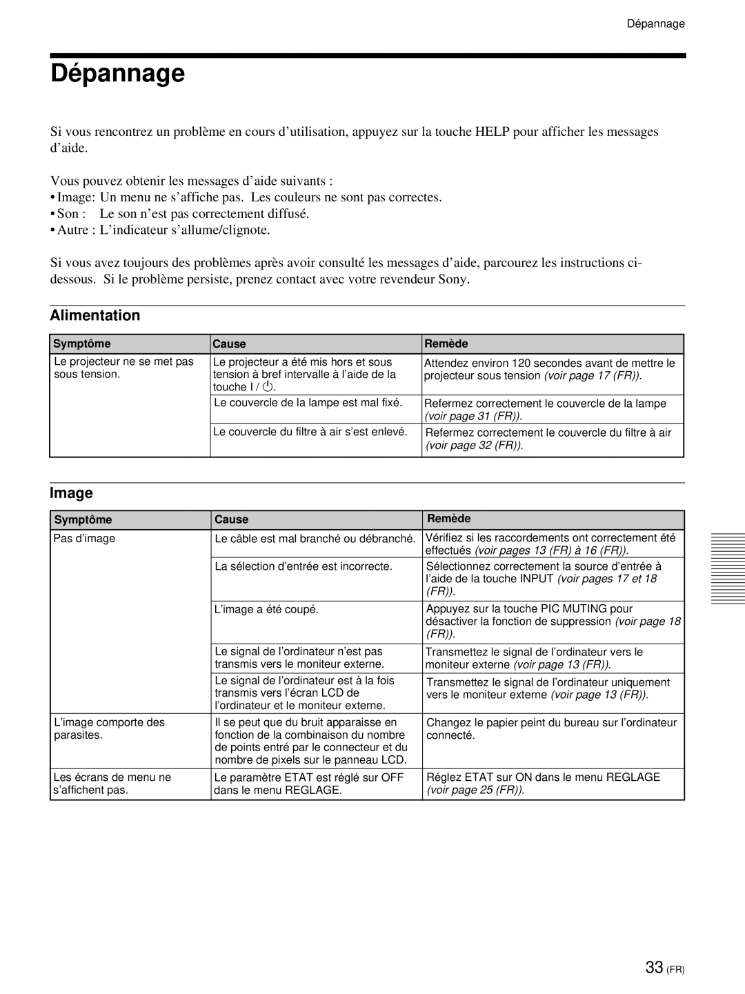 Sony VPL-PX21 Dé pannage, Alimentation, Symptô me Cause Remè de, Désactiver la fonction de suppression voir 