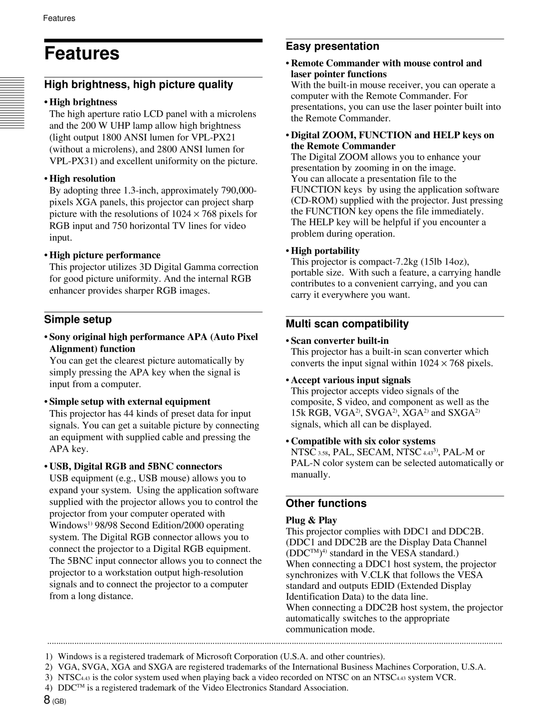 Sony VPL-PX21 operating instructions Features 