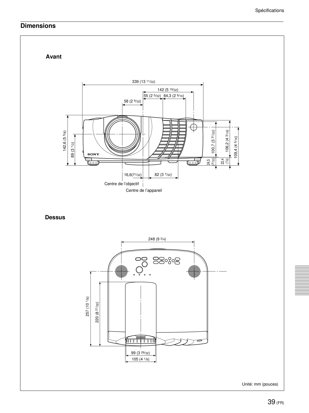 Sony VPL-PX21 operating instructions Avant, Dessus, Centre de l’appareil 