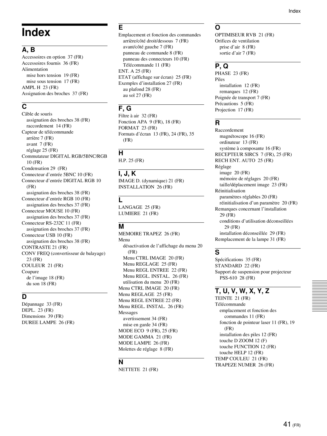 Sony VPL-PX21 operating instructions V, W, X, Y, Z, Contraste 21 FR 