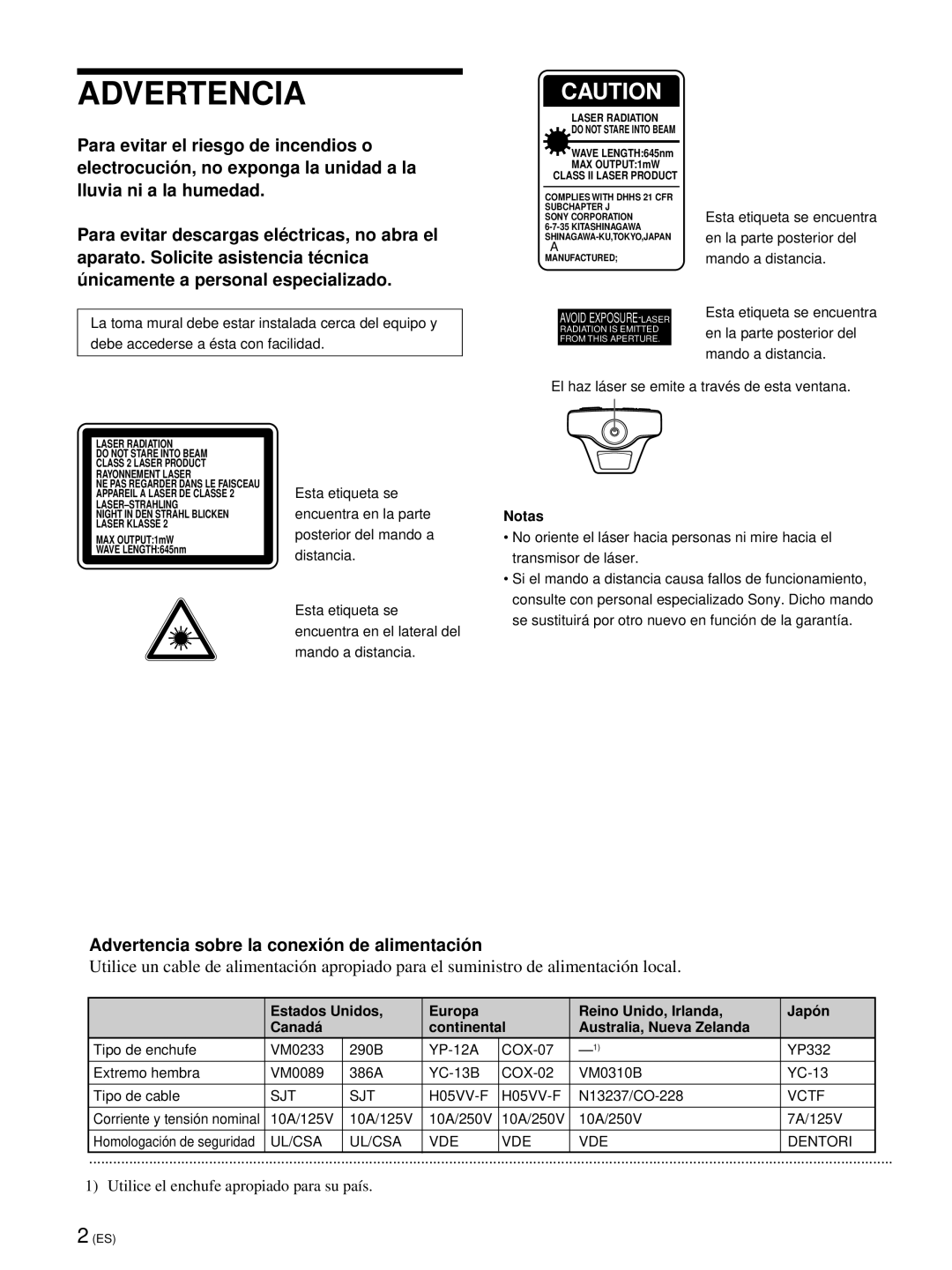 Sony VPL-PX21 operating instructions Advertencia sobre la conexió n de alimentació n, Notas, Corriente y tensión nominal 