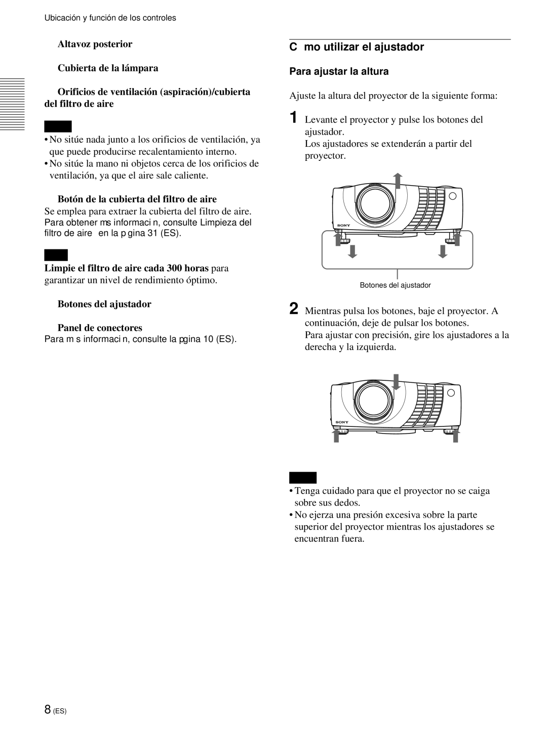 Sony VPL-PX21 Có mo utilizar el ajustador, Qk Botón de la cubierta del filtro de aire, Para ajustar la altura 