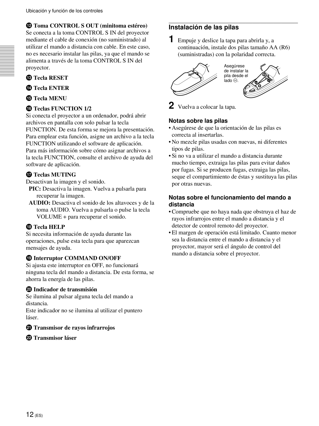 Sony VPL-PX21 Instalació n de las pilas, Notas sobre las pilas, Notas sobre el funcionamiento del mando a distancia 