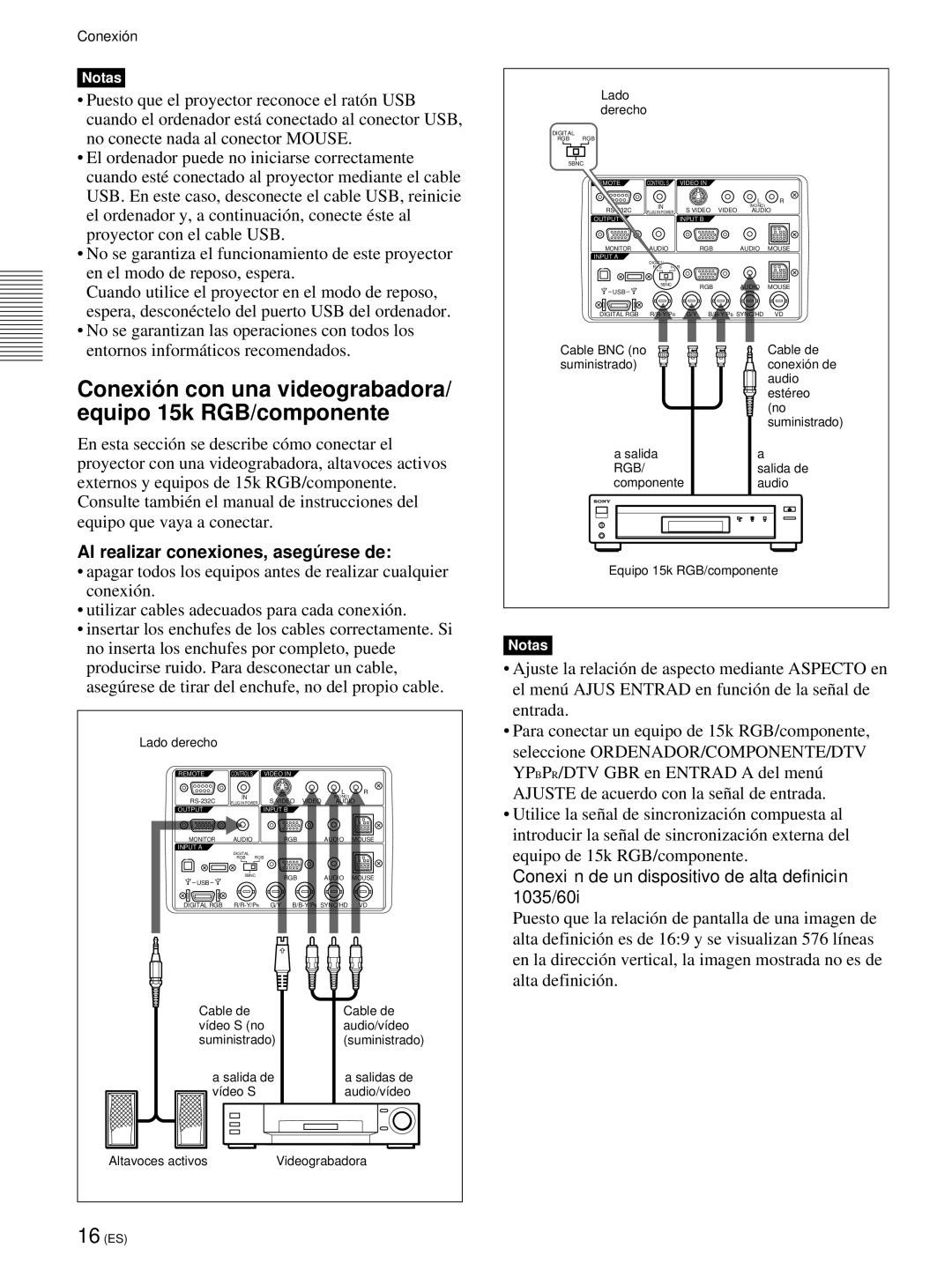 Sony VPL-PX21 Conexión de un dispositivo de alta definición 1035/60i, Cable de Vídeo S no Audio/vídeo Suministrado 