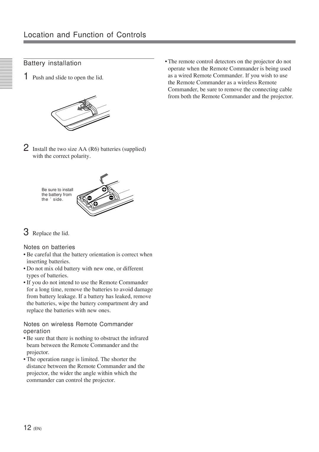 Sony VPL-W400QM manual Location and Function of Controls, Battery installation 