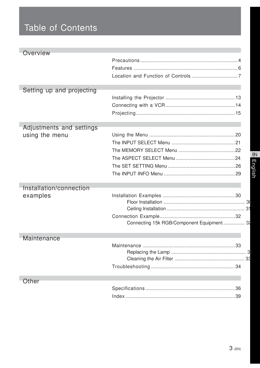 Sony VPL-W400QM manual Table of Contents 