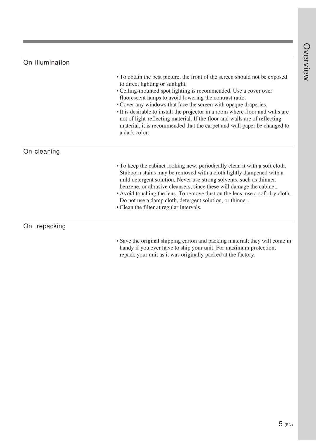 Sony VPL-W400QM manual On illumination, On cleaning, On repacking 