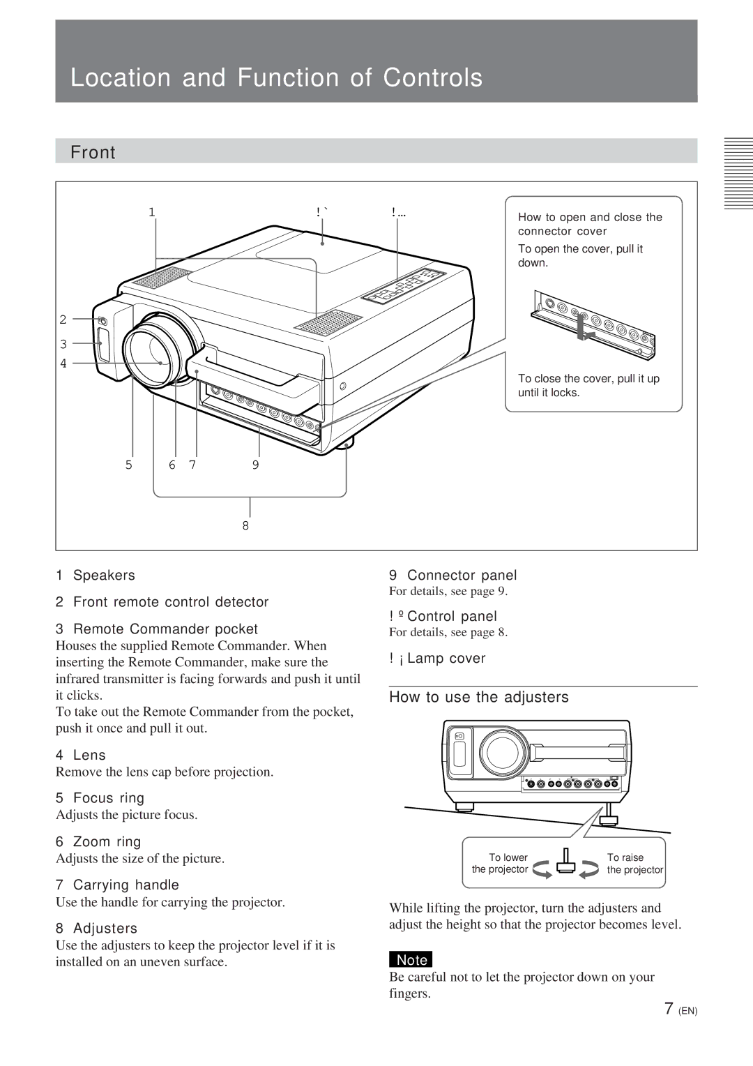 Sony VPL-W400QM manual Location and Function of Controls, Front, How to use the adjusters 