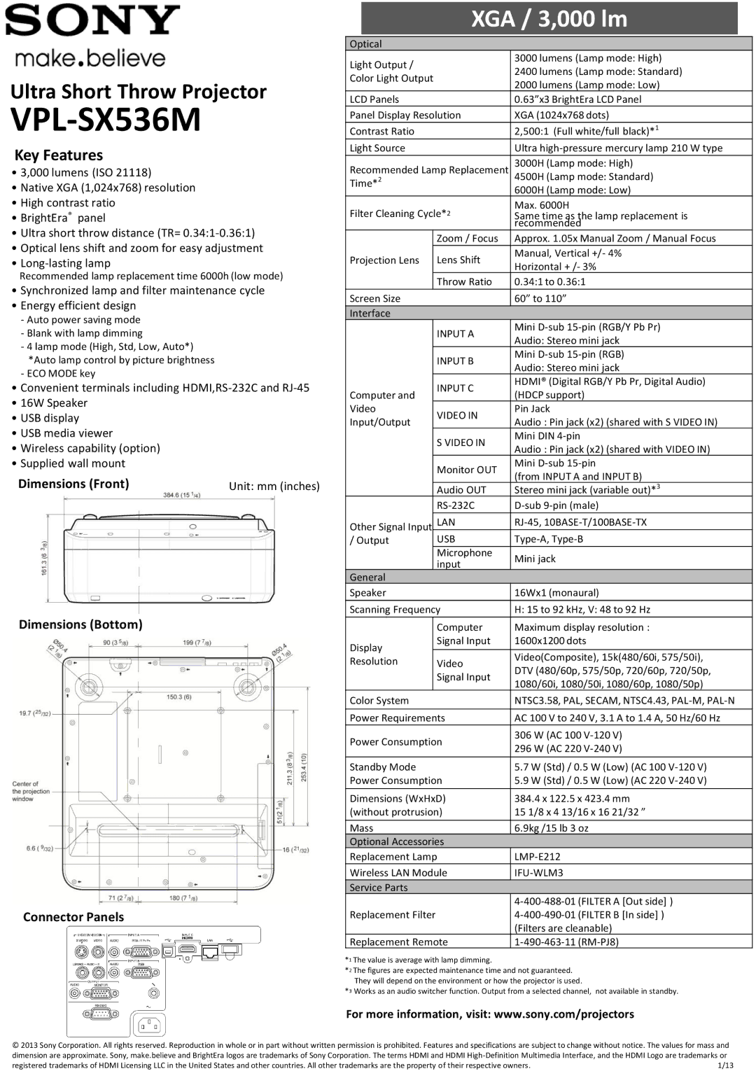 Sony VPLSX536M dimensions VPL-SX536M, XGA / 3,000 lm, Key Features 