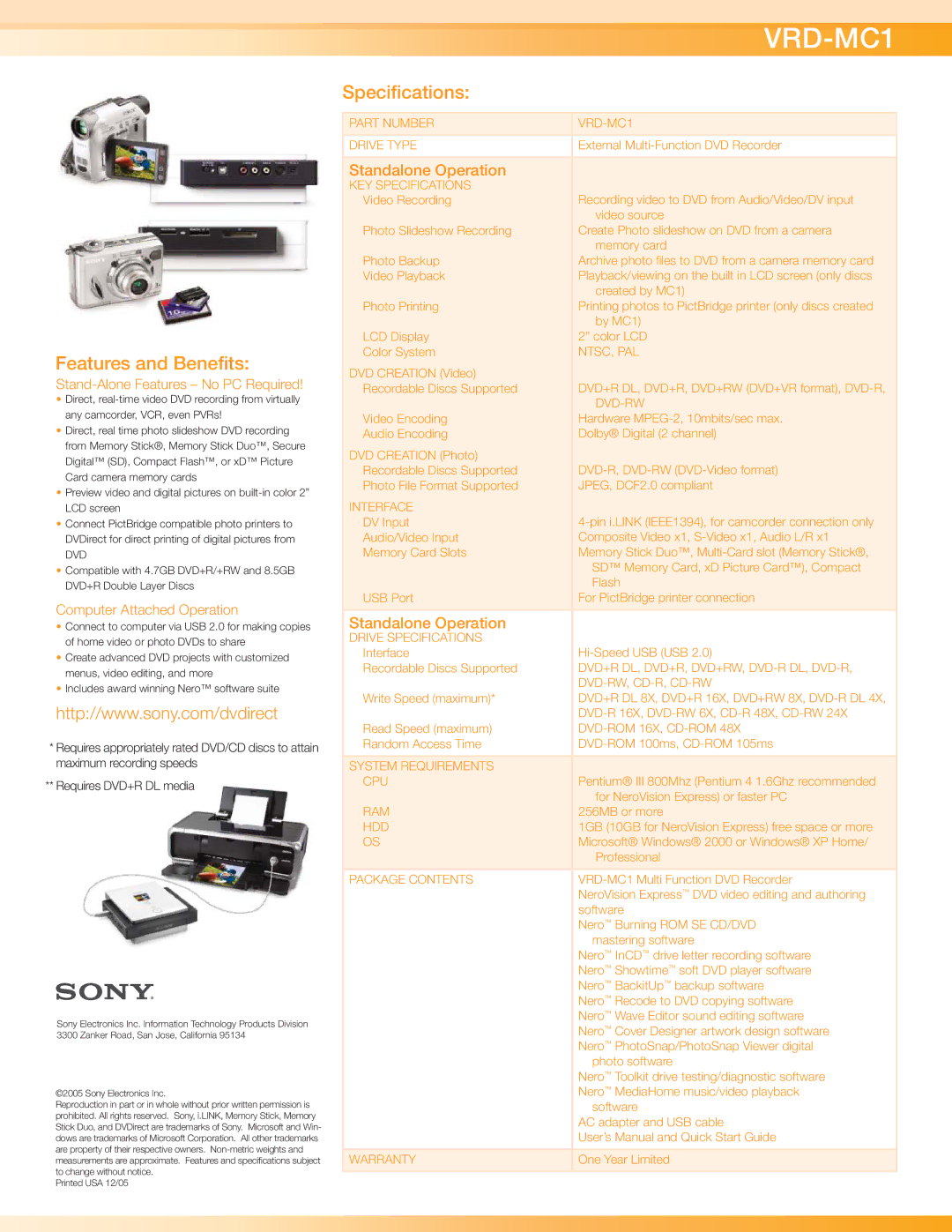 Sony VRD-MC1 manual Features and Beneﬁts, Speciﬁcations, Stand-Alone Features No PC Required, Computer Attached Operation 