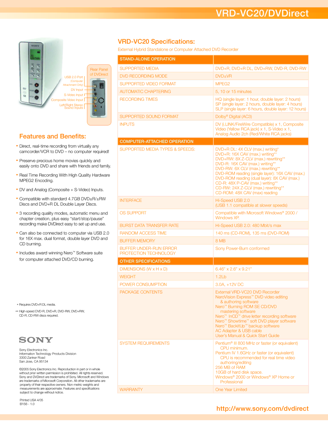 Sony manual VRD-VC20/DVDirect, VRD-VC20 Speciﬁ cations, Features and Beneﬁ ts 